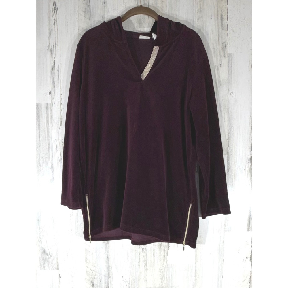 Chicos Zenergy Plum Velour Hoodie Size 2P or Large Petite Gold Zipper Accents